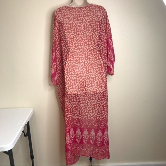 Kimono Duster Red Pink Floral Semi Sheer Open Front Flowy Chiffon Women One Size - Picture 7 of 13
